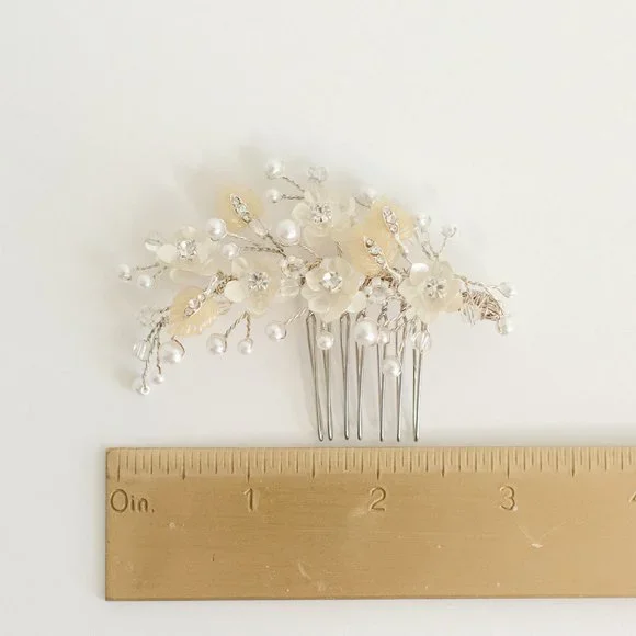 Wedding Bridal Hair Clip Comb Crystal Rhinestone Beaded Silver with Ivory - Picture 4 of 4